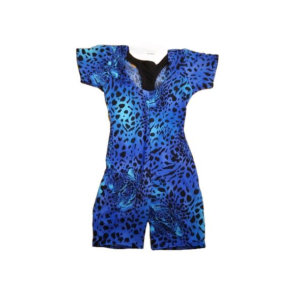 Moret Leotard Blue Leopard Print Biketard Size M Medium 7/8 Dance Gymnastics - Picture 5 of 6